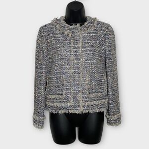 J. Crew Tweed Fringe Collar Jacket in Blue & Cream